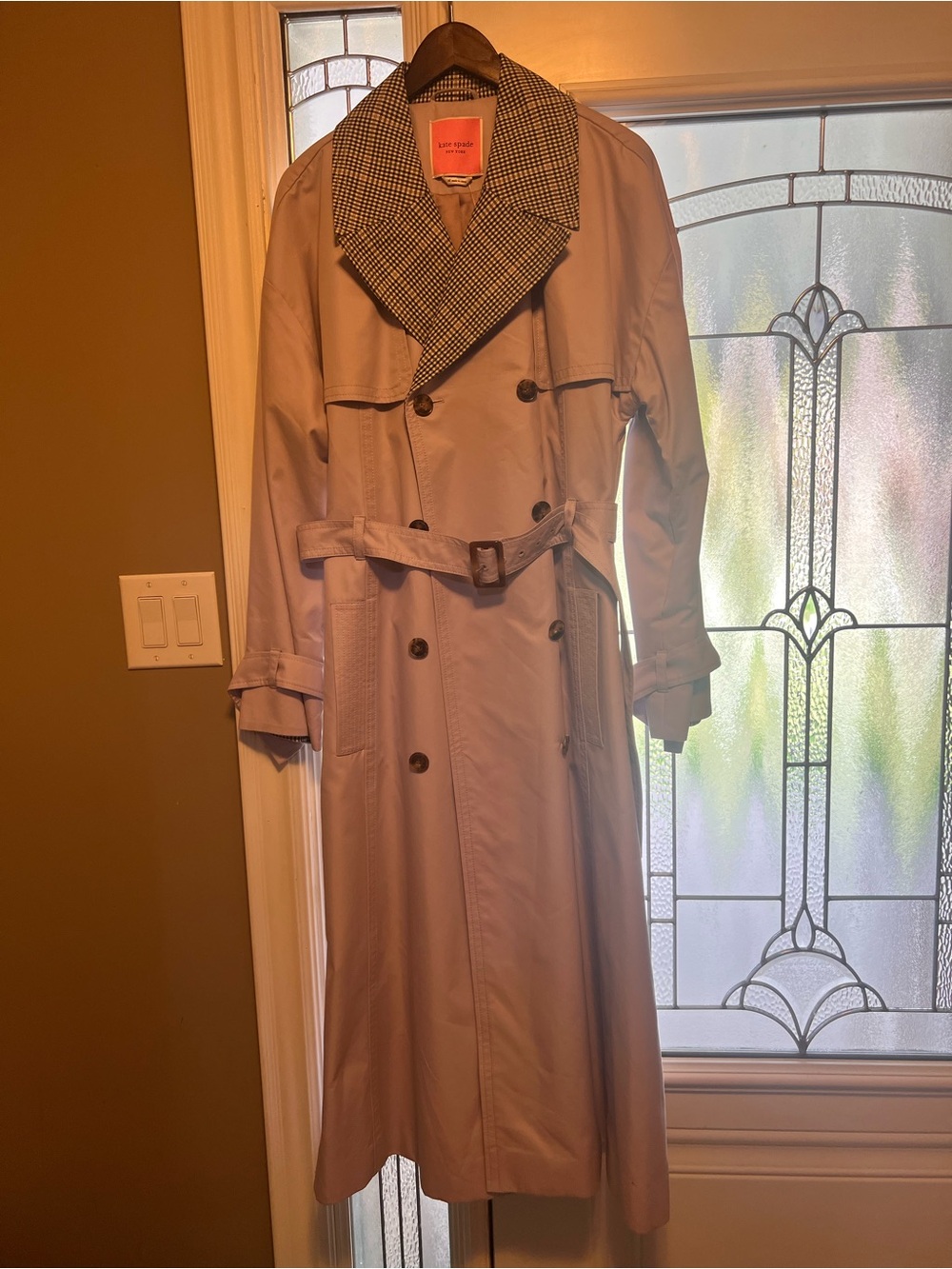 Classic lavender Double-Breasted Trench Coat - Beige with Houndstooth Collar